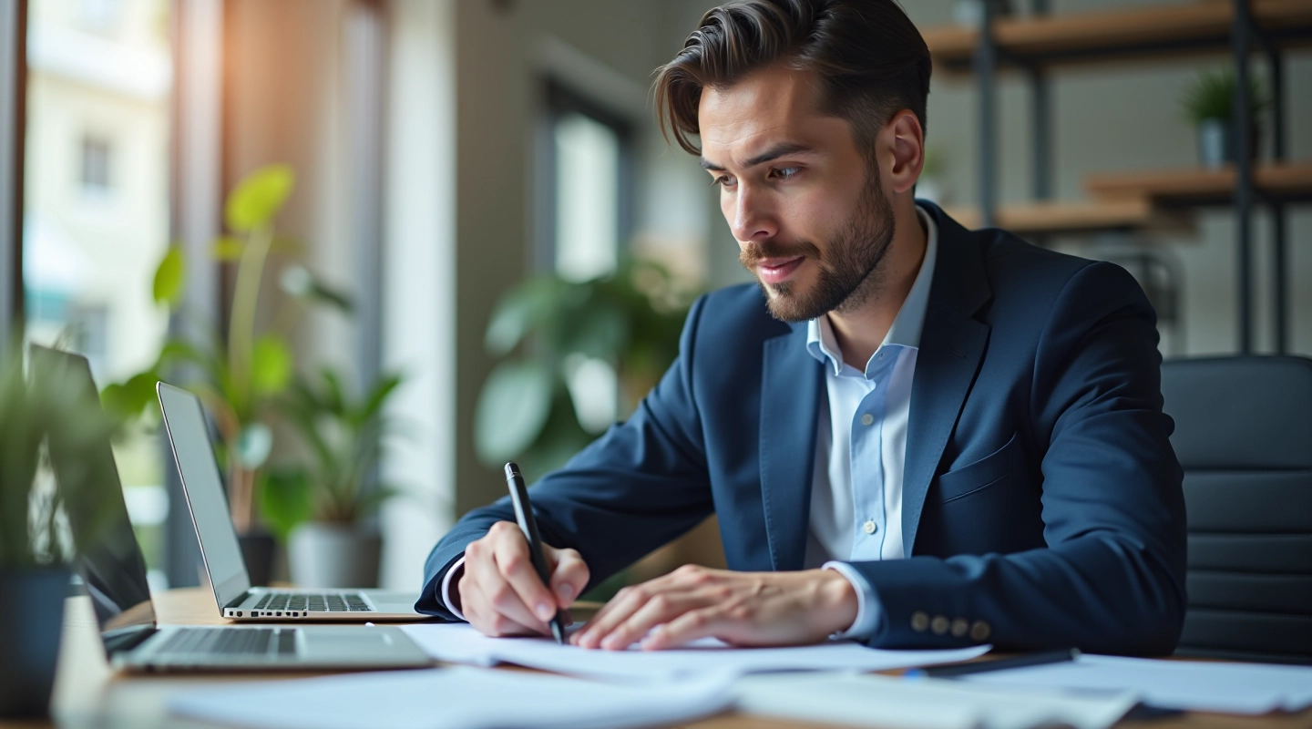 Professional accountant reviewing digital tax documents on computer screen in modern office