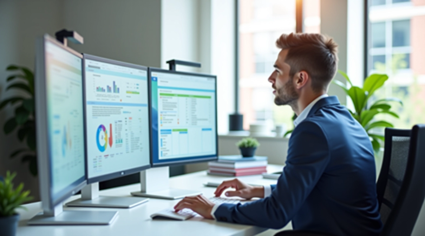 Professional accounting office setup with tax automation software displayed on multiple monitors