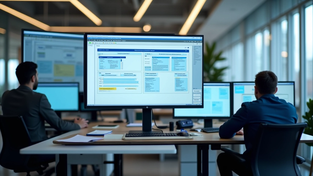 Technical workspace displaying automation workflow diagrams and documentation on computer monitors