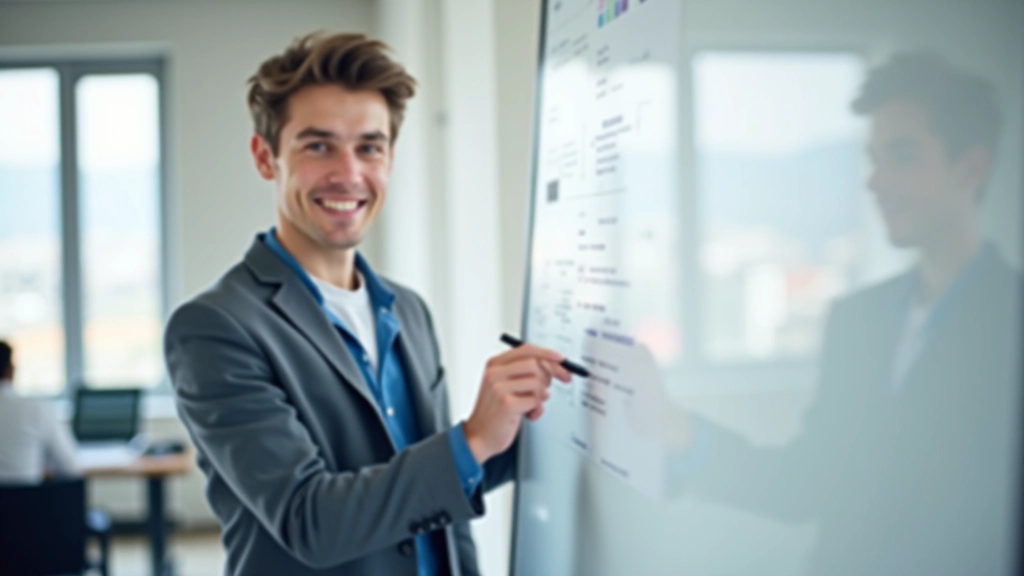 Person documenting process steps on a whiteboard with sticky notes and diagrams, collaborative workspace with notebooks
